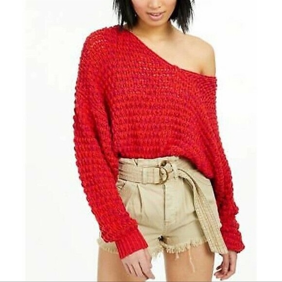 Free People Coconut V Neck Sweater in Dragonfruit open knit size small - Picture 4 of 6